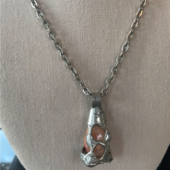 Danish Design SMYK brutalist necklace carnelian agate silver metal 25” chain - Picture 12 of 16
